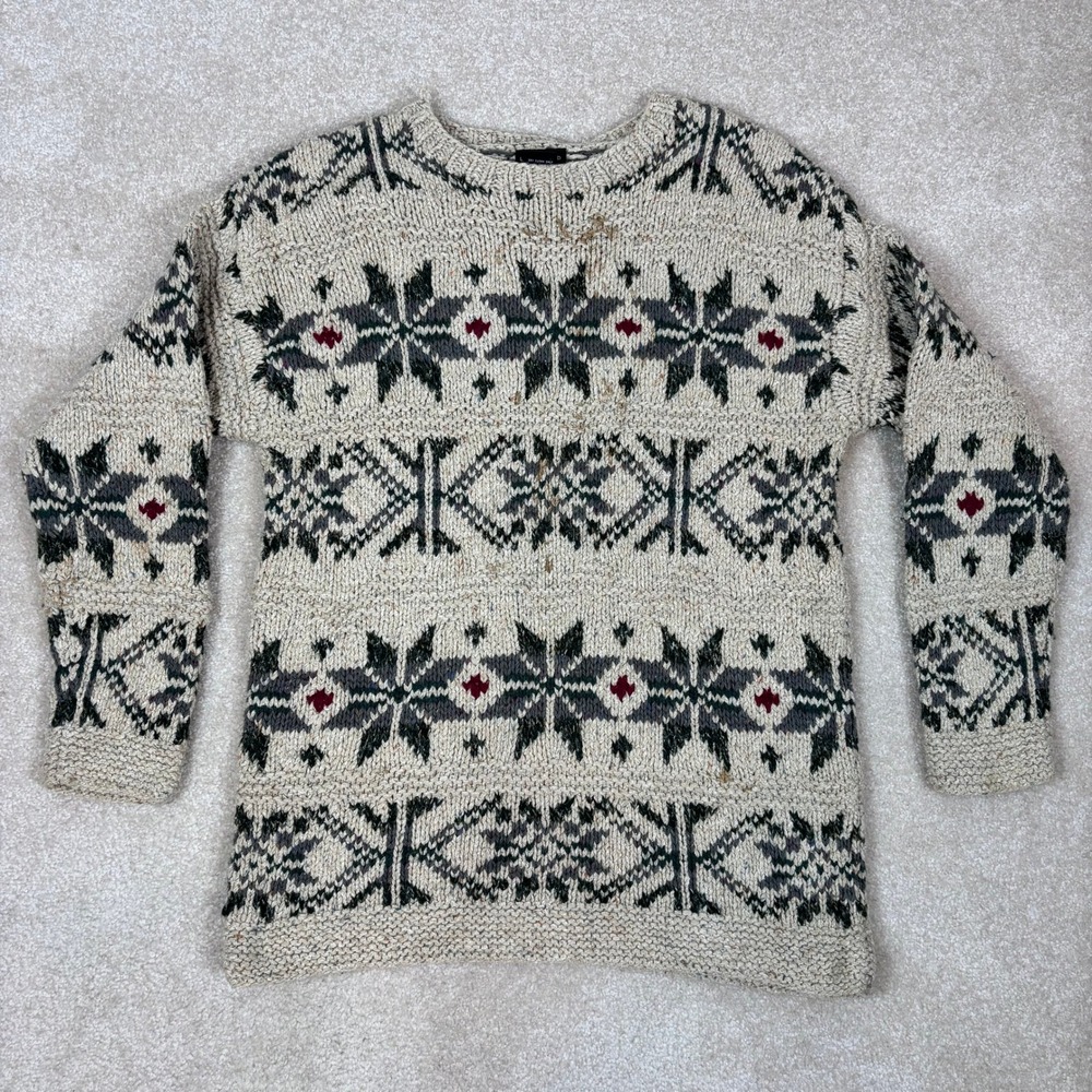 The Limited Handknit Silk Wool Fair Isle Snowflake Sweater Cream Green Red M